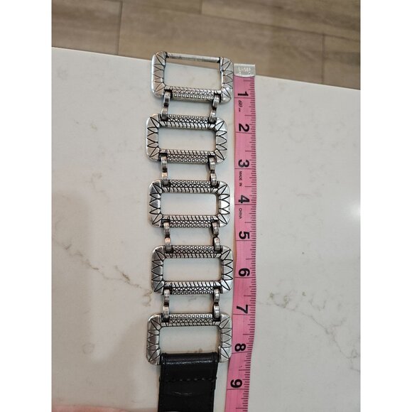 Chicos Belt Size S/M Black Leather Silver Chain Link Adjustable Slide Snap Close - Picture 8 of 9